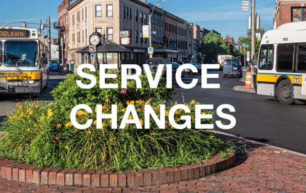 Overlaid text reads "Service Changes." Two buses and flowers in summer are in the background.