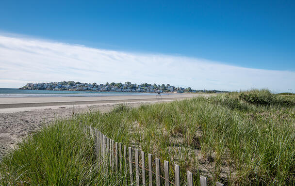 A photo of the Nahant Beach Shoreline. There's a little wooden plank fence in some grass in the foreground, and there are buildings across the water, further down the curve of the beach