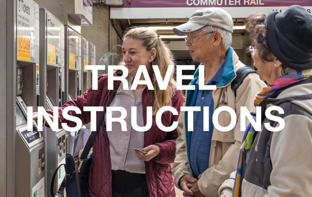 The words "Travel Instructions" over an image of a woman helping two elderly people use a ticket kiosk