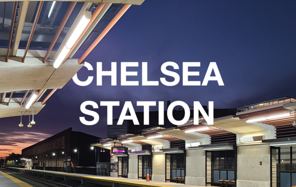 The Chelsea Station Commuter Rail platform at night. Overlaid text reads "Chelsea Station."