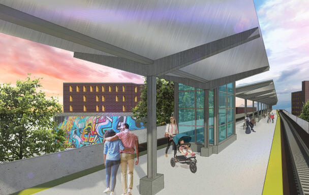 An artist's rendering of the Lynn Commuter Rail station platform. Riders are waiting on the platform, a canopy is overhead, and buildings and trees are in the background.