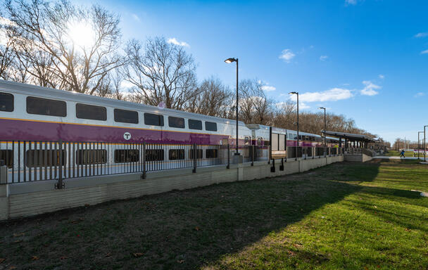 Bi-level Commuter Rail coaches at the newly-completed Freetown Station