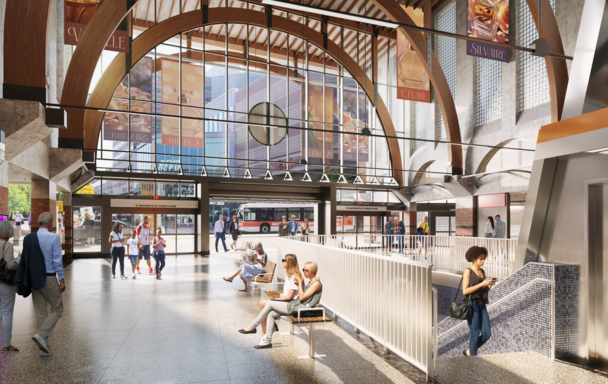 A rending of Back Bay Station, showing people enjoying the new concourse. 