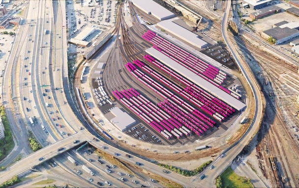 A rendering of the completed Widett Circle Layover Facility with commuter rail trains stored inside
