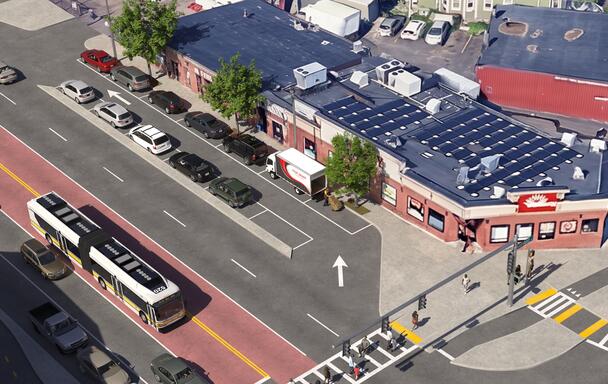 Proposed street design on Blue Hill Ave in front of Happy Supermarket