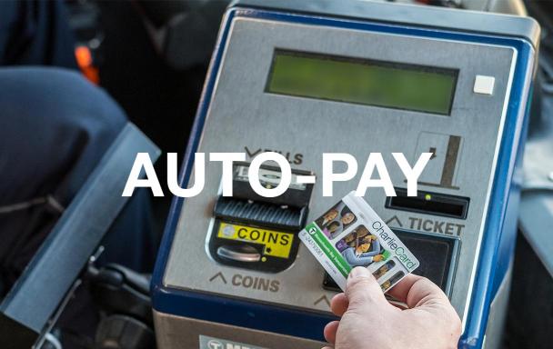 Person tapping a CharlieCard on a farebox. Text overlaid: Auto-pay.