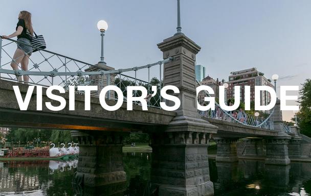 The bridge in the public garden, with text overlaid, "Visitor's Guide"