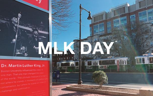 BU Central, with Green Line train in the background, Martin Luther King, Jr. info/plaque in the foreground